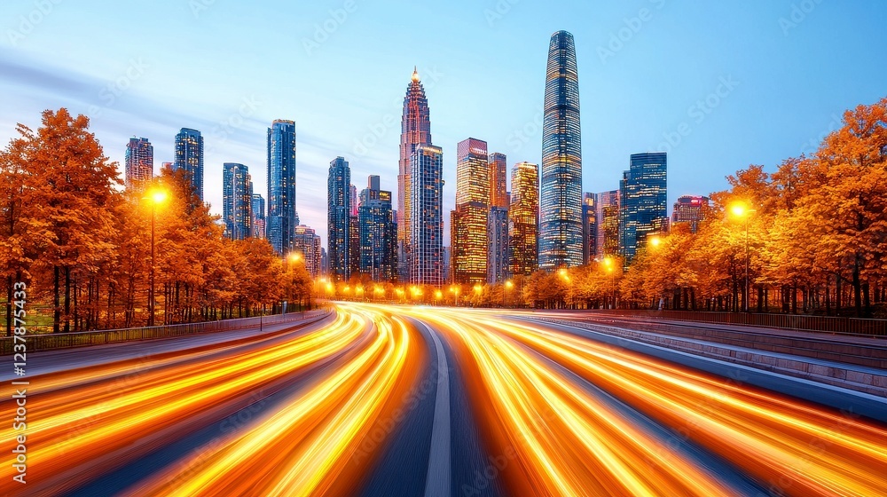 Obraz premium Illuminated Cityscape at Twilight Highway with Light Trails and Autumnal Trees