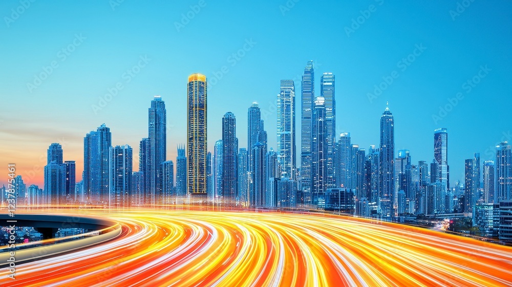 Naklejka premium Illuminated Cityscape at Twilight With Dynamic Light Trails