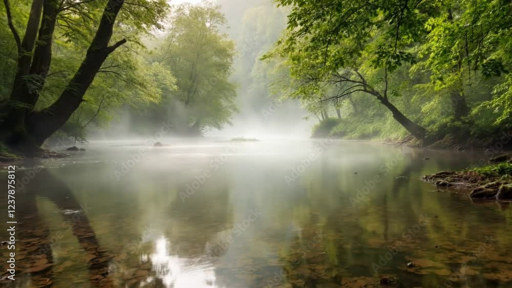 Misty river reflecting trees, calm morning, forest, nature scene, peaceful landscape, travel brochure Misty river reflecting trees, calm morning, forest, nature scene, peaceful landscape, travel brochure