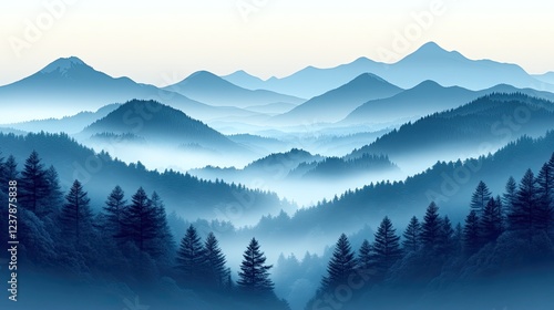 Serene Blue Mountain Landscape at Dawn with Fog Rolling Through the Valleys and Pine Trees