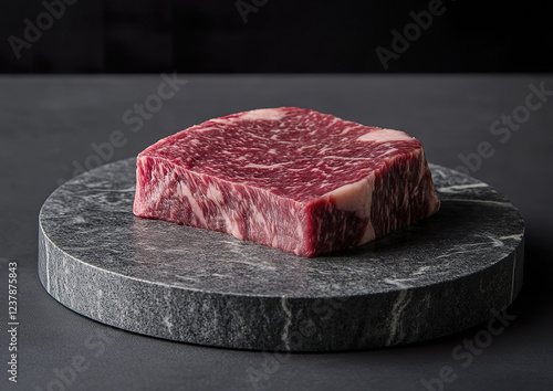 Wagyu beef cut showcasing fine marbled texture, high-quality food photo with a focus on the intricate details and surface sheen, styled on a subtle backdrop. photo