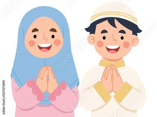 Illustration of muslim children greeting happy eid al-Fitr
