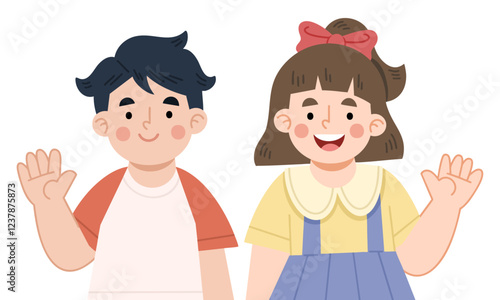 Illustration of smiling children waving hello