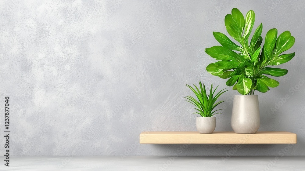 Fototapeta premium Lush Green Plants on Light Wood Shelf Against Gray Textured Wall