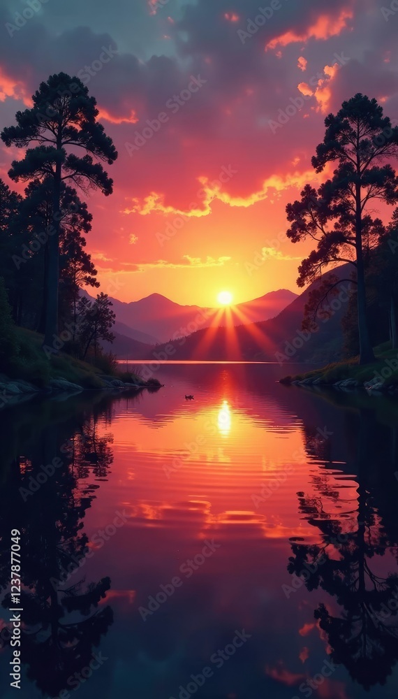 Sunset over a calm lake with surrounding trees, trees, lake, reflection Sunset over a calm lake with surrounding trees, trees, lake, reflection