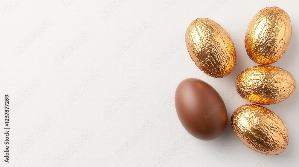 Fototapeta premium Milk Chocolate and Gold Foil Easter Eggs on Gray Background