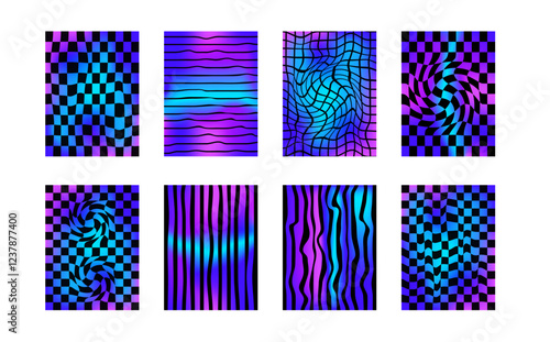 Checkerboard neon background set. Psychedelic holographic checker gradient posters templates. Surreal chessboard with distorted grid and stripes. Vector playful flat geometric wavy mosaic backdrops. photo