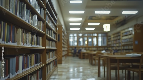 Wallpaper Mural Round bookshelf in a library, warm light, blurred reading tables and people in background, cinematic wide-angle view Torontodigital.ca