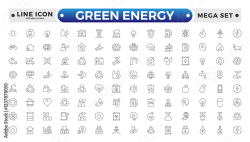 Green Energy outline icon. Recycling Symbol, Solar Panel, Wind Turbine, Electric Vehicle, Eco-Friendly, Eco-Friendly Homes, Water Conservation, Green Energy Light Bulb. Editable stroke outline icon.