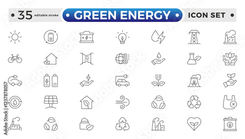 Green Energy outline icon. Recycling Symbol, Solar Panel, Wind Turbine, Electric Vehicle, Eco-Friendly, Eco-Friendly Homes, Water Conservation, Green Energy Light Bulb. Editable stroke outline icon.