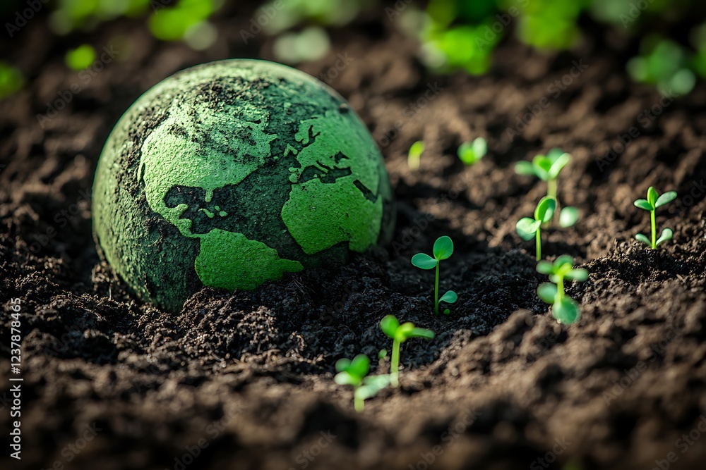 A green globe partially buried in rich, dark soil with small green sprouts emerging around, emphasizing growth. A green globe partially buried in rich, dark soil with small green sprouts emerging around, emphasizing growth.