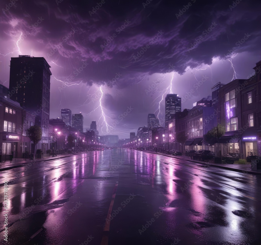Obraz premium The city is bathed in an eerie purple light as a severe thunderstorm approaches, ominous clouds, stormy weather, thunderous rumble