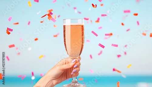 Celebratory toast with a sparkling drink amidst colorful confetti at a beach setting