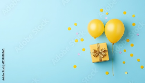 Bright yellow balloons and a gift box with confetti on a light blue background, celebrating a festive occasion