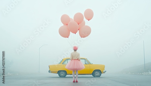 A whimsical figure in a pink tutu holds pink balloons near a vintage yellow car in foggy surroundings