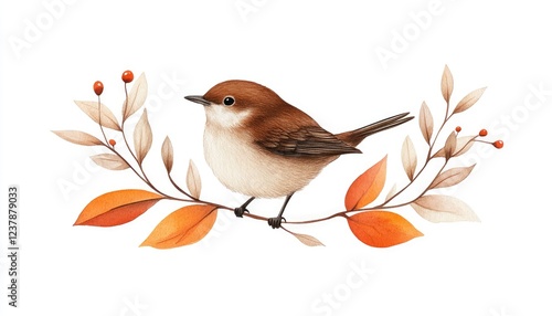 A charming bird perched on a branch adorned with autumn leaves and berries, showcasing nature's beauty