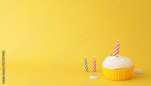 A vibrant yellow background featuring a decorated cupcake with colorful candles and sprinkles