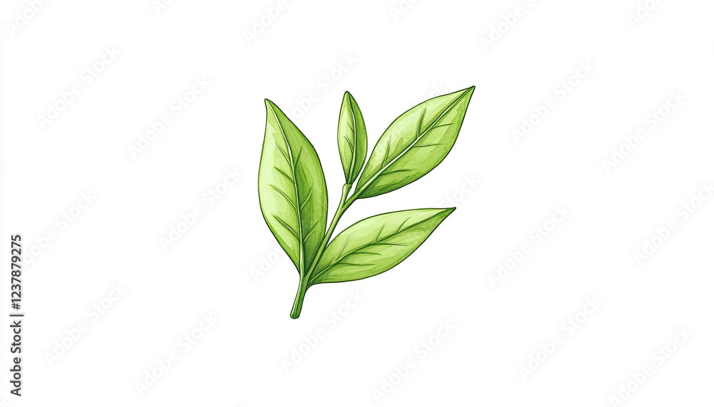 Fresh green tea leaves on a white background, symbolizing health and nature's purity Fresh green tea leaves on a white background, symbolizing health and nature's purity