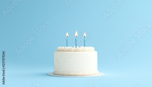 A beautifully decorated white birthday cake with three blue candles on a light blue background