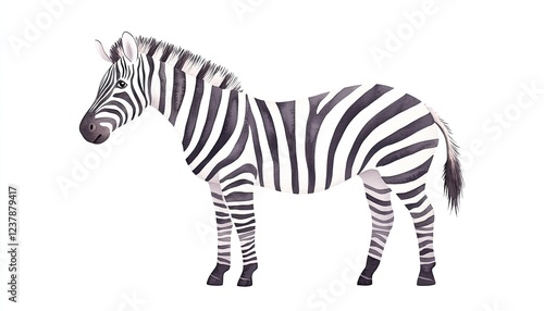 Detailed illustration of a zebra standing on a white background, showcasing its unique stripes