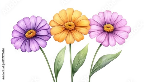Vibrant illustration of three colorful flowers with detailed petals and green leaves on a white background
