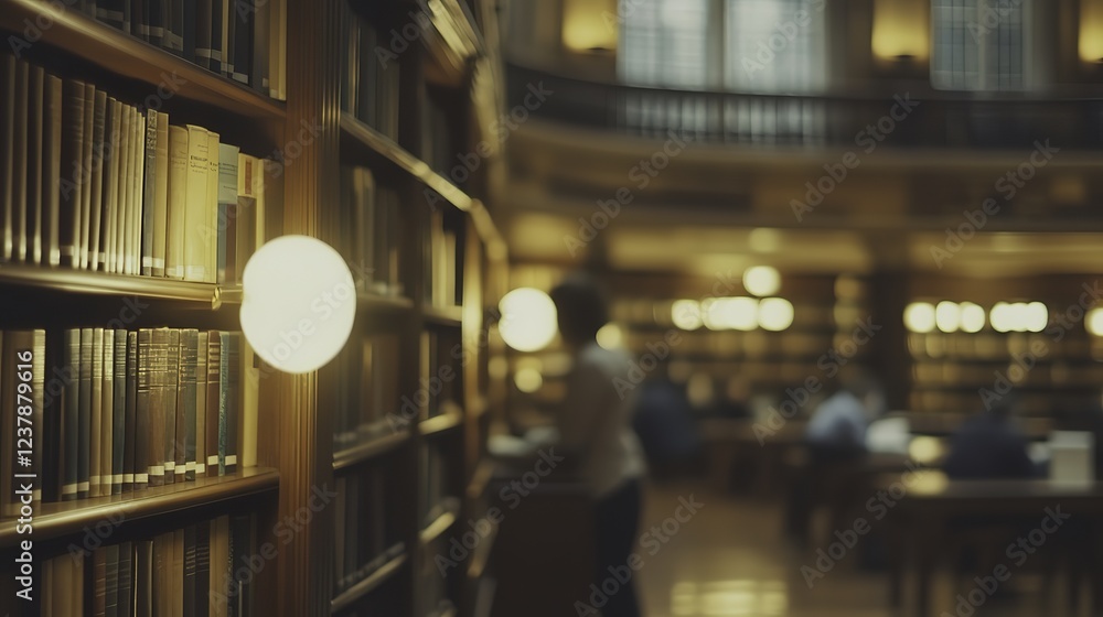 Round bookshelf in a library, warm light, blurred reading tables and people in background, cinematic wide-angle view Round bookshelf in a library, warm light, blurred reading tables and people in background, cinematic wide-angle view