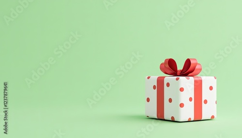 A beautifully wrapped gift box with red polka dots and a bow on a soft green background