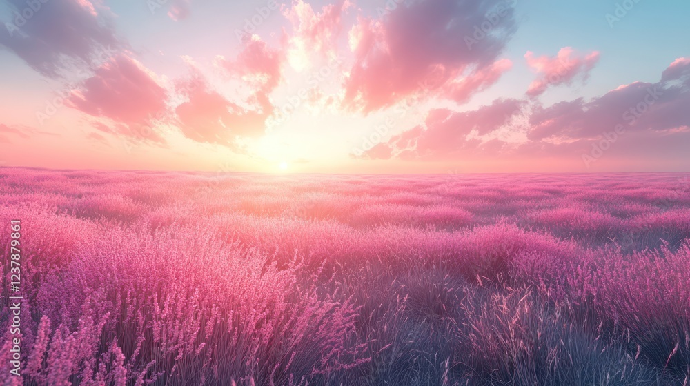 Fototapeta premium Pink Lavender Field at Sunset: A Serene Landscape