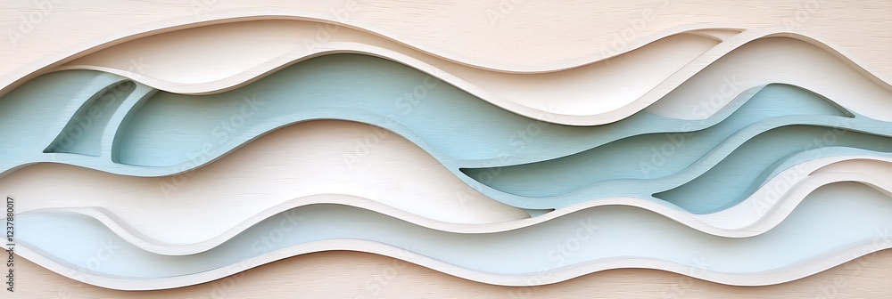 Obraz premium Layered wooden puzzle with wave-like shapes in soft blues and whites