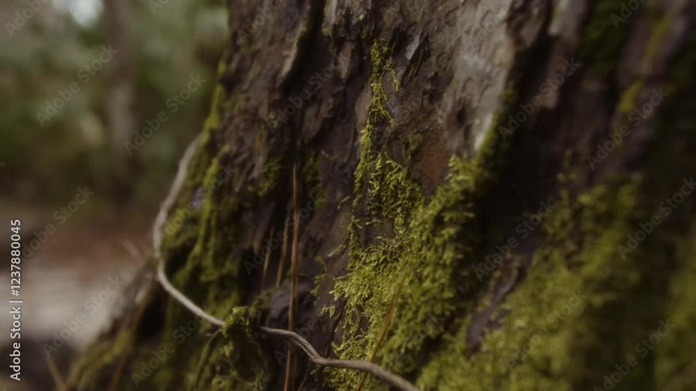 A moss-covered tree. The damp ground and scattered leaves create a serene, untouched wilderness scene perfect for adventure, exploration, and eco-travel themes A moss-covered tree. The damp ground and scattered leaves create a serene, untouched wilderness scene perfect for adventure, exploration, and eco-travel themes