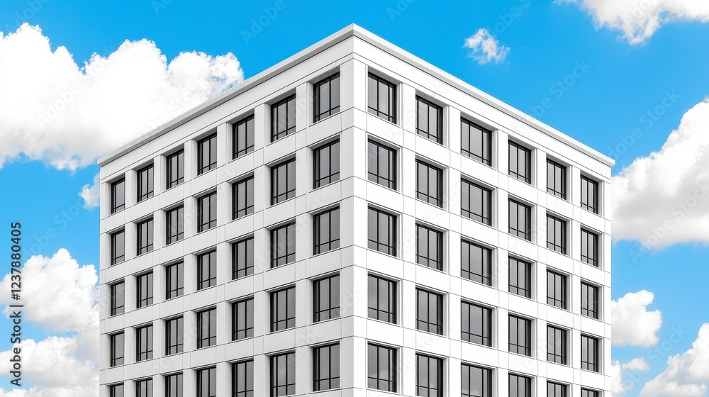 Modern White Building Against Blue Sky with Clouds Modern White Building Against Blue Sky with Clouds