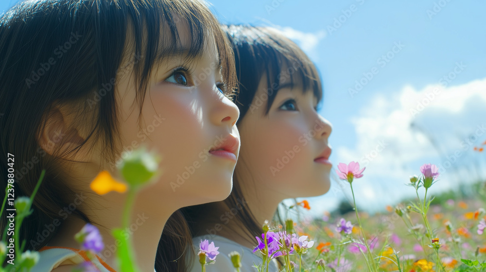空を希望の眼差しで見つめる日本人の子ども二人の横顔 クローズアップ お花畑