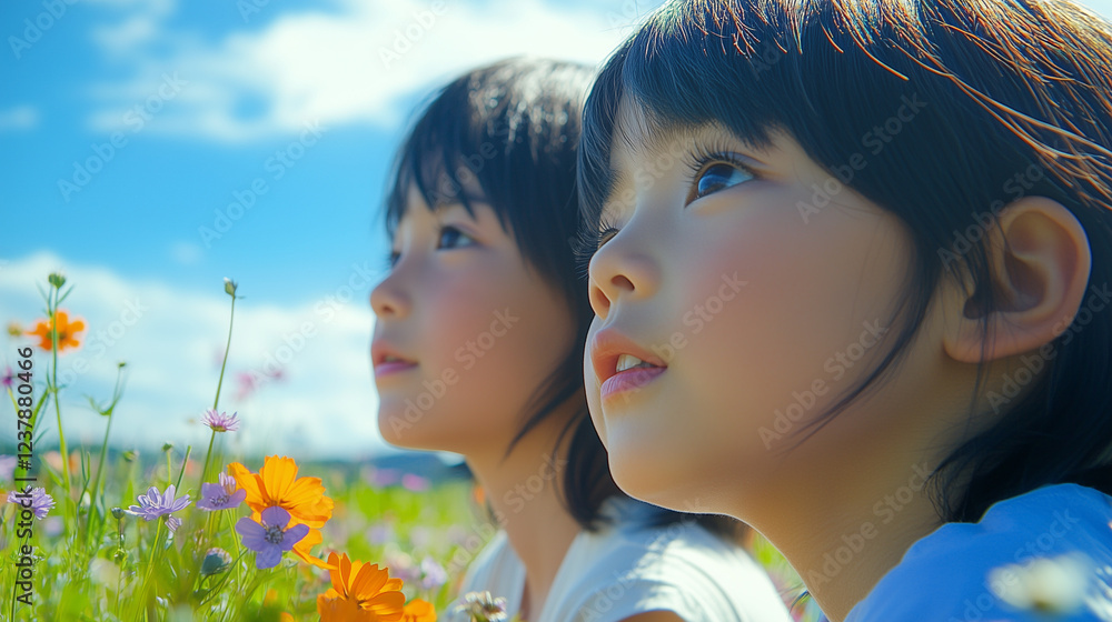 空を希望の眼差しで見つめる日本人の子ども二人の横顔 クローズアップ お花畑