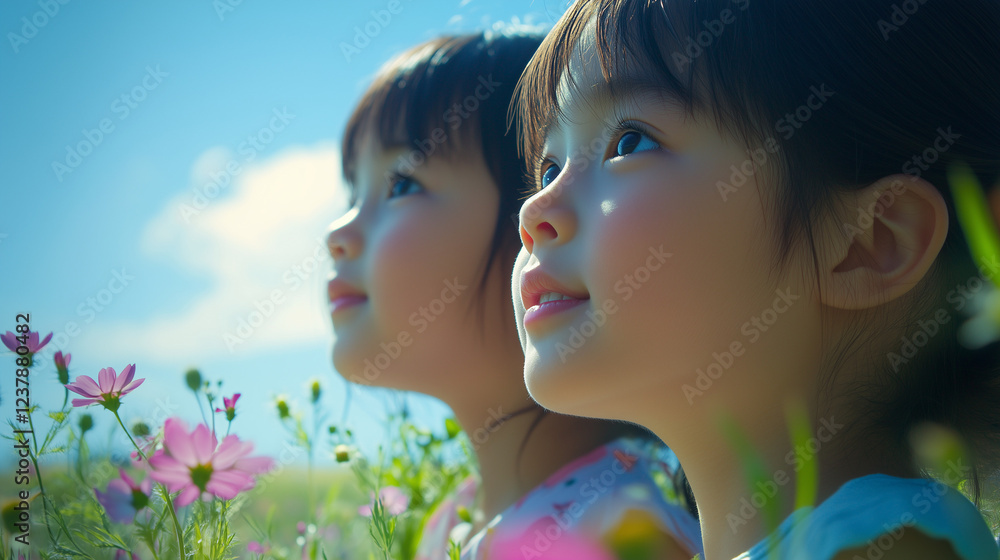 空を希望の眼差しで見つめる日本人の子ども二人の横顔 クローズアップ お花畑
