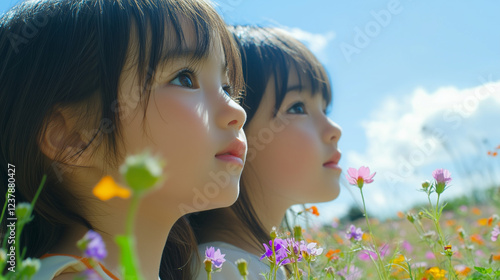 Obraz na płótnie 空を希望の眼差しで見つめる日本人の子ども二人の横顔 クローズアップ お花畑 w salonie