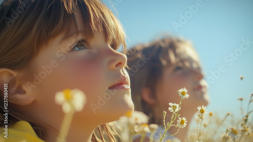 空を希望の眼差しで見つめる子ども二人の横顔のクローズアップ　お花畑