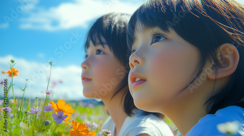 Obraz na płótnie 空を希望の眼差しで見つめる日本人の子ども二人の横顔 クローズアップ お花畑 w salonie