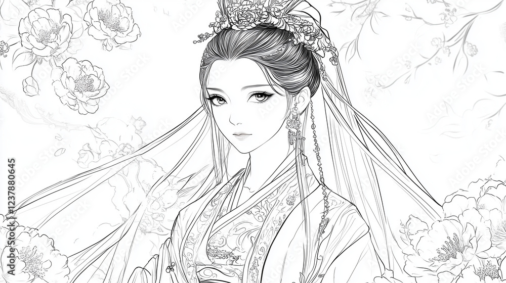 中華風の着物を着た女性の塗り絵 線画 プリンセス 大人の塗り絵
