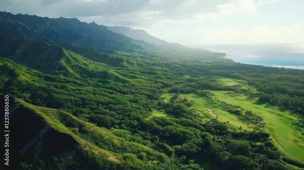 Obraz premium A stunning aerial view of the rugged green mountains and turquoise ocean, with lush rainforests on one side and sandy beaches on another