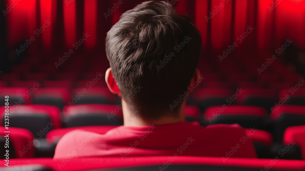Back view of movie viewer in red theater seats. Represents film appreciation, solo entertainment, and cultural experiences. Back view of movie viewer in red theater seats. Represents film appreciation, solo entertainment, and cultural experiences.