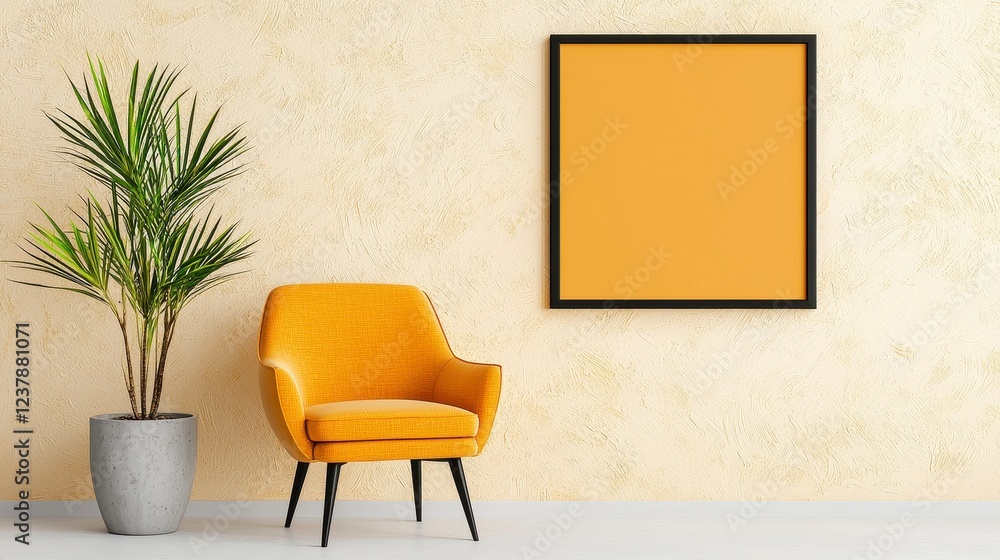 Fototapeta premium Mustard Yellow Armchair and Potted Plant in Modern Interior