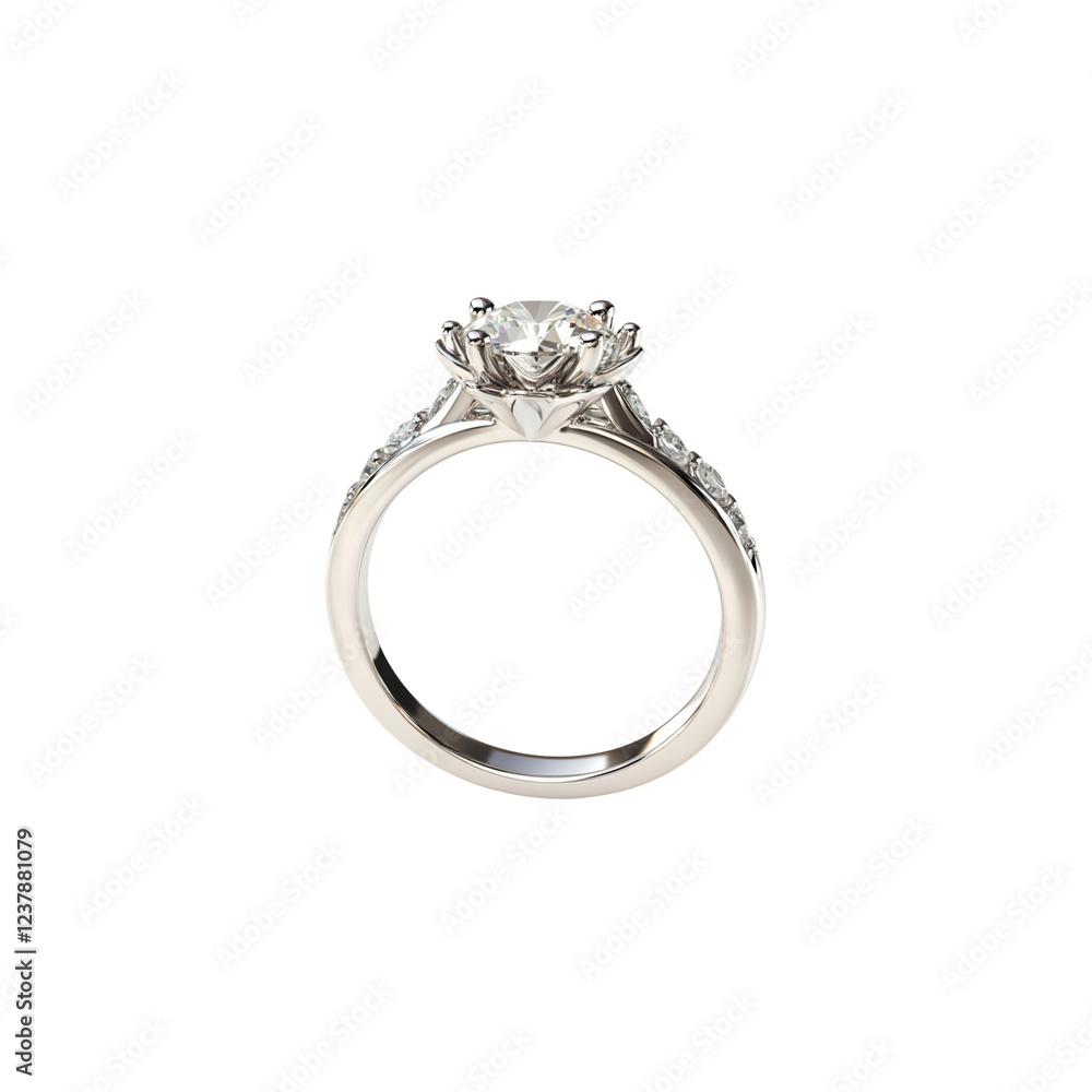 A simple platinum ring with a large diamond in the center. white background A simple platinum ring with a large diamond in the center. white background