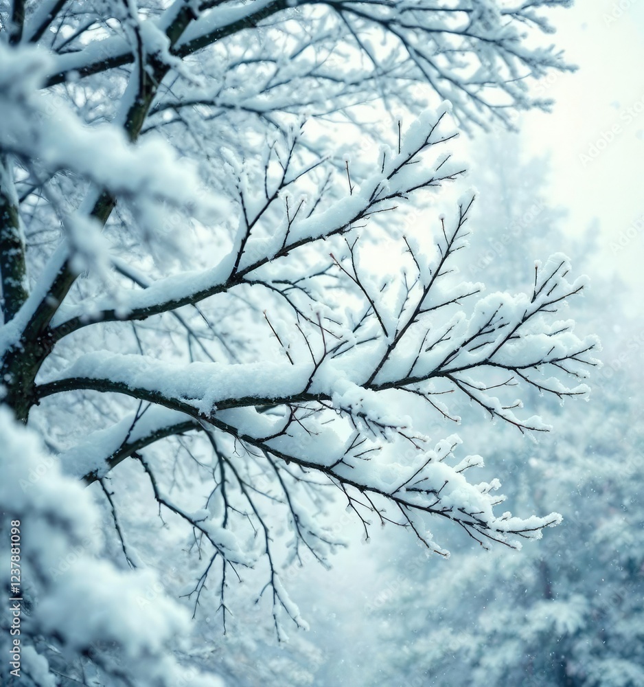 Obraz premium Tree limbs heavy with fresh snow in the winter wind, windy, cold, fresh snow