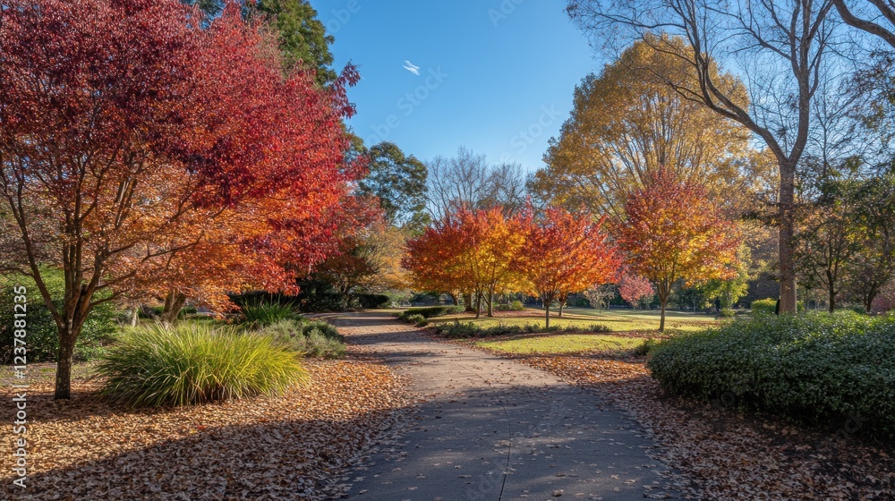 Fototapeta premium A serene park pathway surrounded by vibrant autumn foliage and clear blue skies.