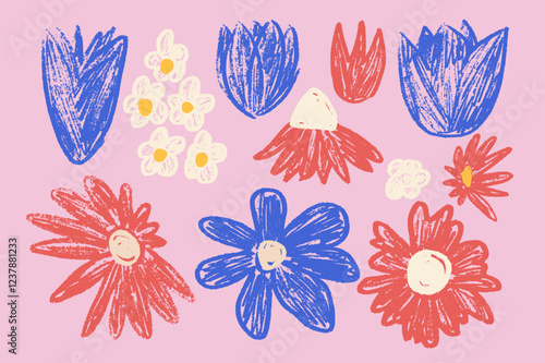 Flowers bud set. Spring tulip, daisy, chamomile and marguerite head plants doodle. Summer floral kids elements. Pastel style childish shape. Vector naive illustration isolated on lilac background.