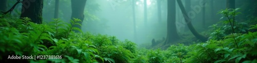 Fog-shrouded ferns sway gently in windless forest air, ferns, lush greenery