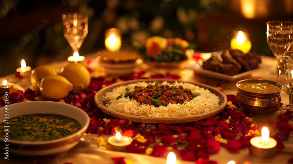 Indian national cuisine dishes on festive table with candles, rose petals and curry with rice, kebab and tandoori chicken legs, vegetables and lemons, spinach soup with cheese, dessert and tea Indian national cuisine dishes on festive table with candles, rose petals and curry with rice, kebab and tandoori chicken legs, vegetables and lemons, spinach soup with cheese, dessert and tea