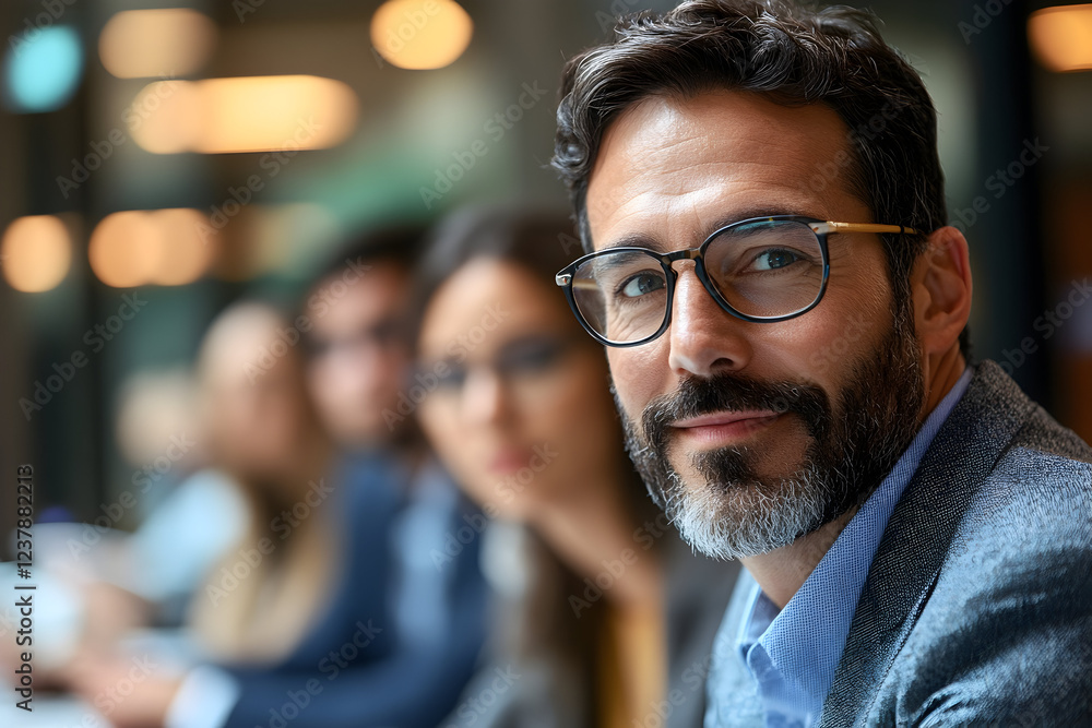 Confident Businessman in Glasses Leading a Team Meeting in a Modern Office Confident Businessman in Glasses Leading a Team Meeting in a Modern Office
