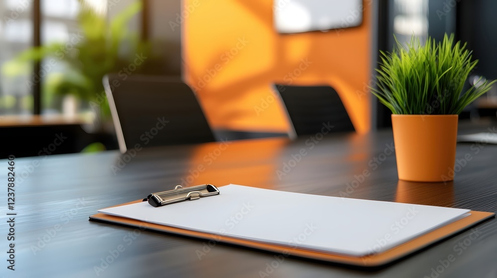 Modern Office Workspace Desk with Blank Clipboard Paper Plant Modern Office Workspace Desk with Blank Clipboard Paper Plant