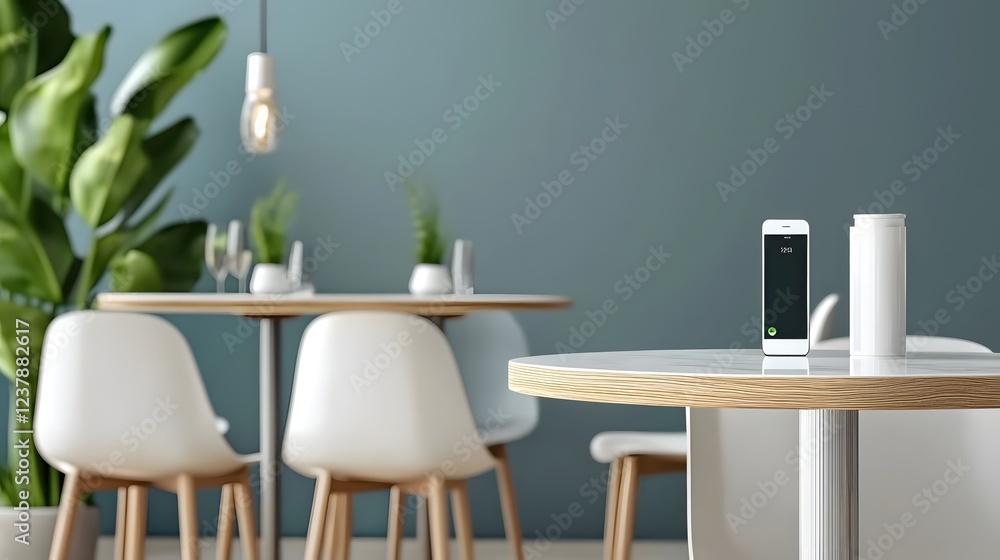 Fototapeta premium Modern Cafe Interior Design Smartphone Tabletop Minimalist Style
